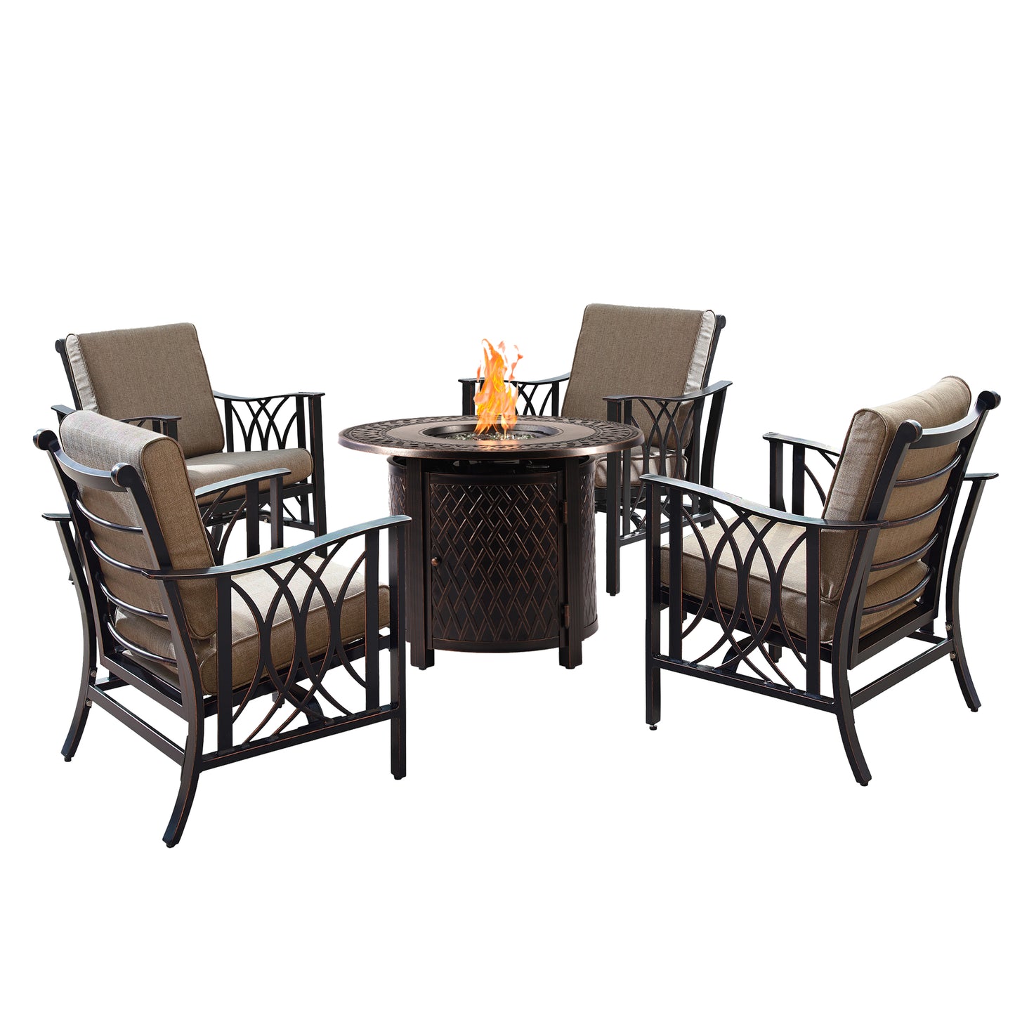 Aluminum 34-in Round Antique Copper Fire Table Set with Rocking Chairs