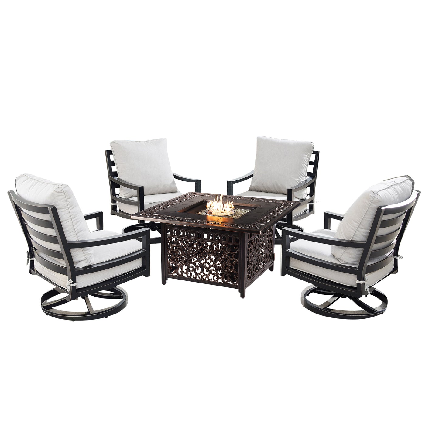 Aluminum 42-in Square Patio Fire Table Set with Swivel Rocking Chairs