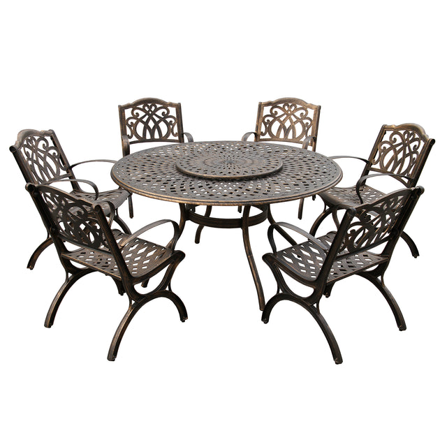 Outdoor Aluminum 7pc Round Patio Dining Set, Lazy Susan, Six Chairs - Sharicks