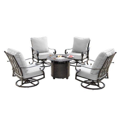 Aluminum 34-in Round Patio Fire Table Set with Swivel Rocking Chairs - Sharicks