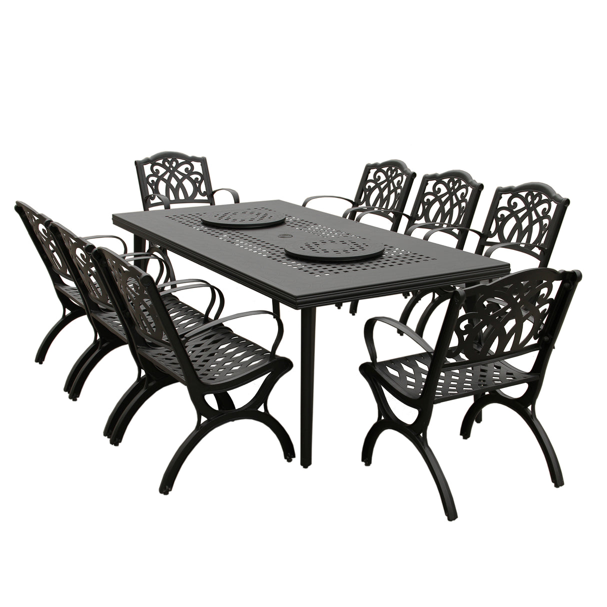 Aluminum 9pc Rectangular Patio Dining Set, Lazy Susans, Eight Chairs