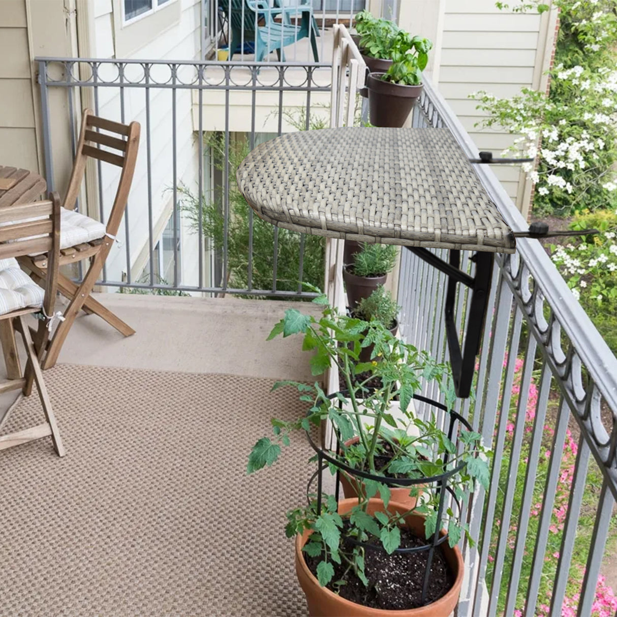 Grey Wicker Foldable Patio Balcony Table with Adjustable Clamps