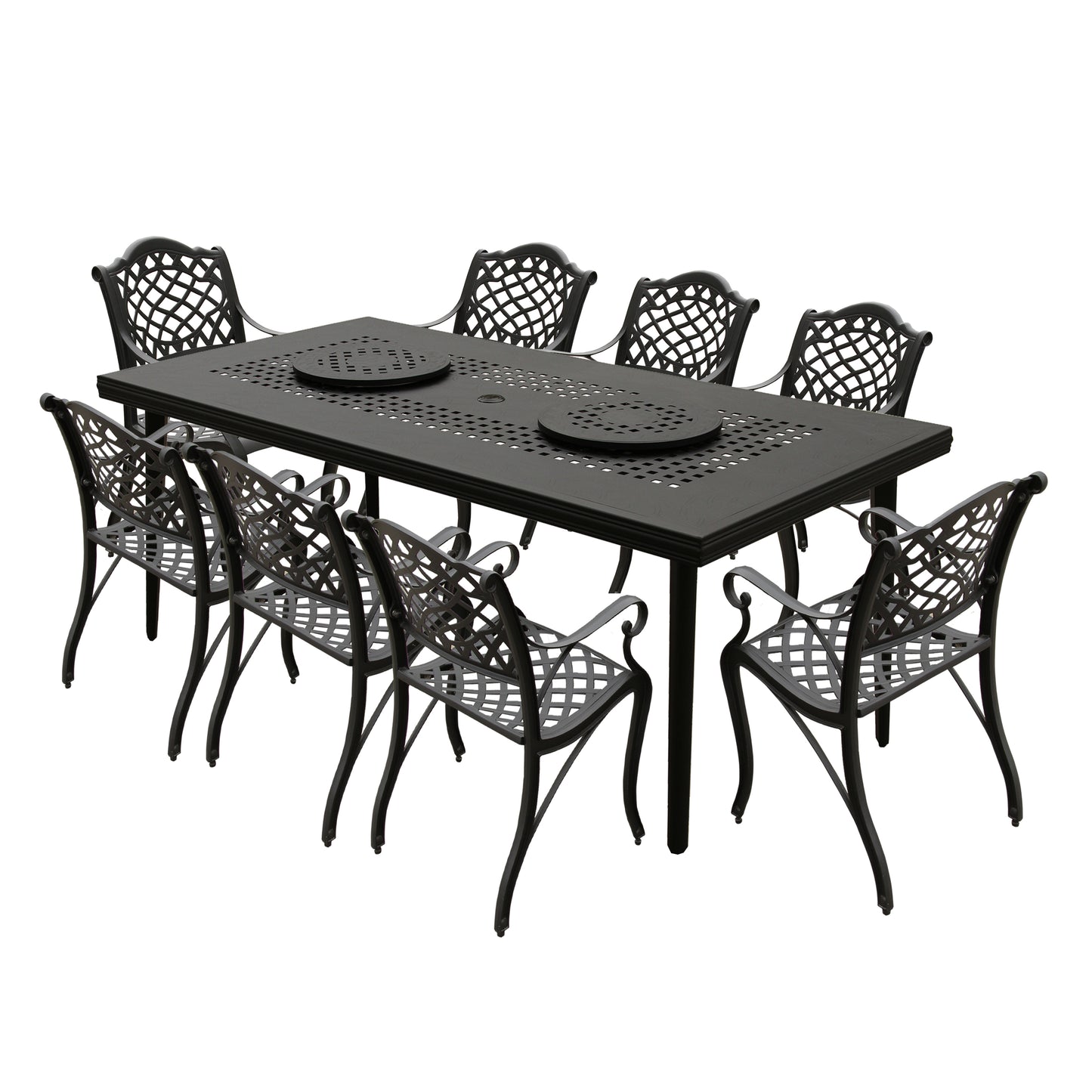 Aluminum 9pc Rectangular Patio Dining Set, Lazy Susans, Eight Chairs