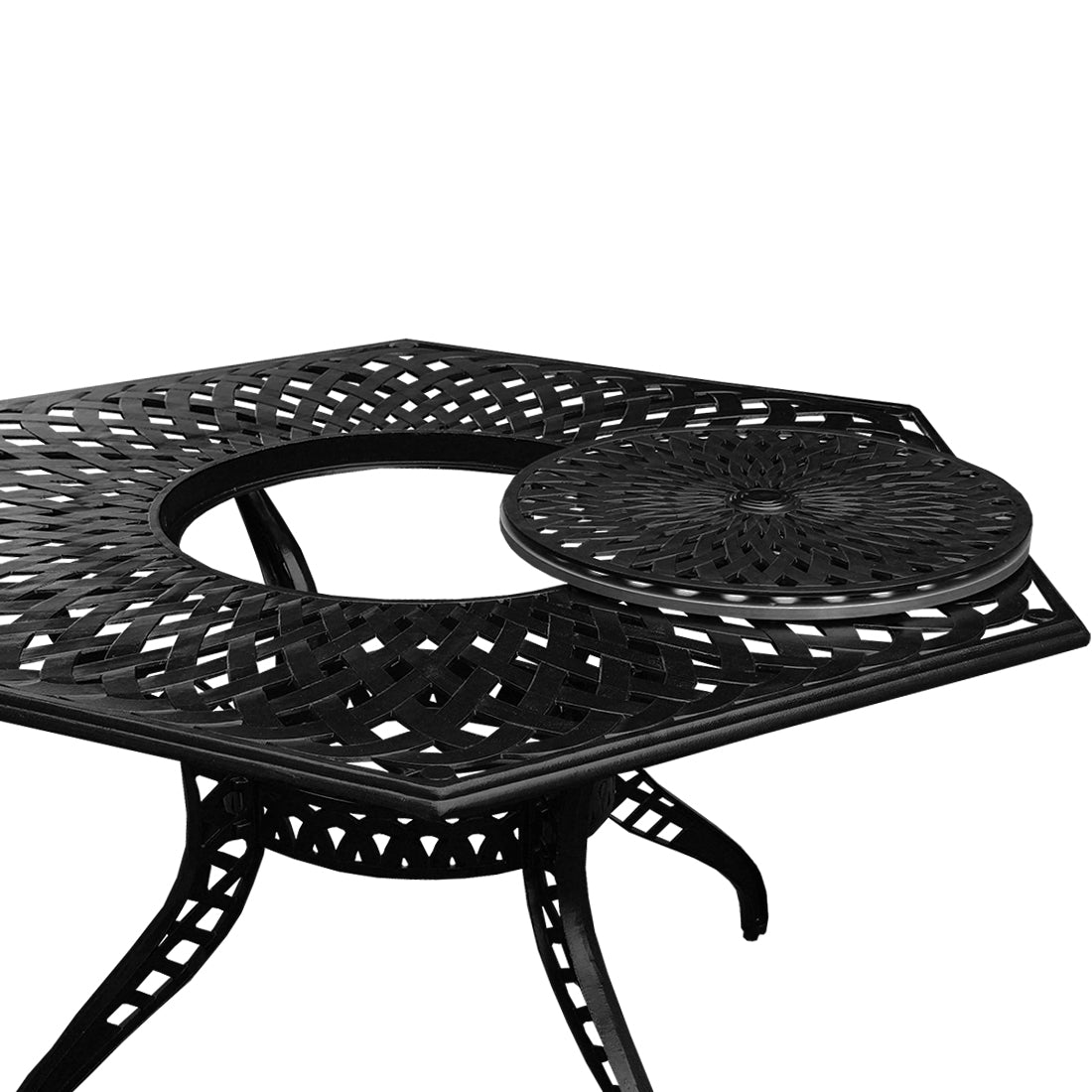 Aluminum 7pc Black Hexagon Patio Dining Set, Lazy Susan, Six Chairs