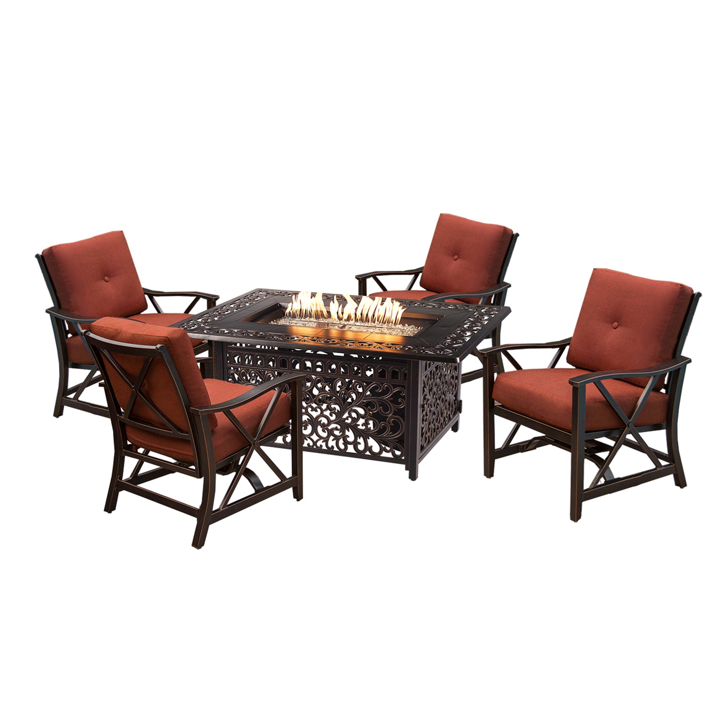 Aluminum 48-in Rectangular Patio Fire Table Set with Rocking Chairs
