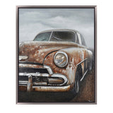 Hand Painted Acrylic and Aluminum 3D Wall Art Vintage Car 47 x 59 Rectangular Canvas with a Dark Brown Wooden Frame