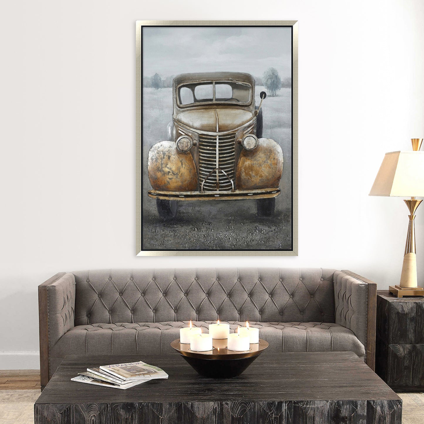 Hand Painted Acrylic and Aluminum 3D Wall Art Vintage Truck 39 x 59 Rectangular Canvas with a Grey Wooden Frame