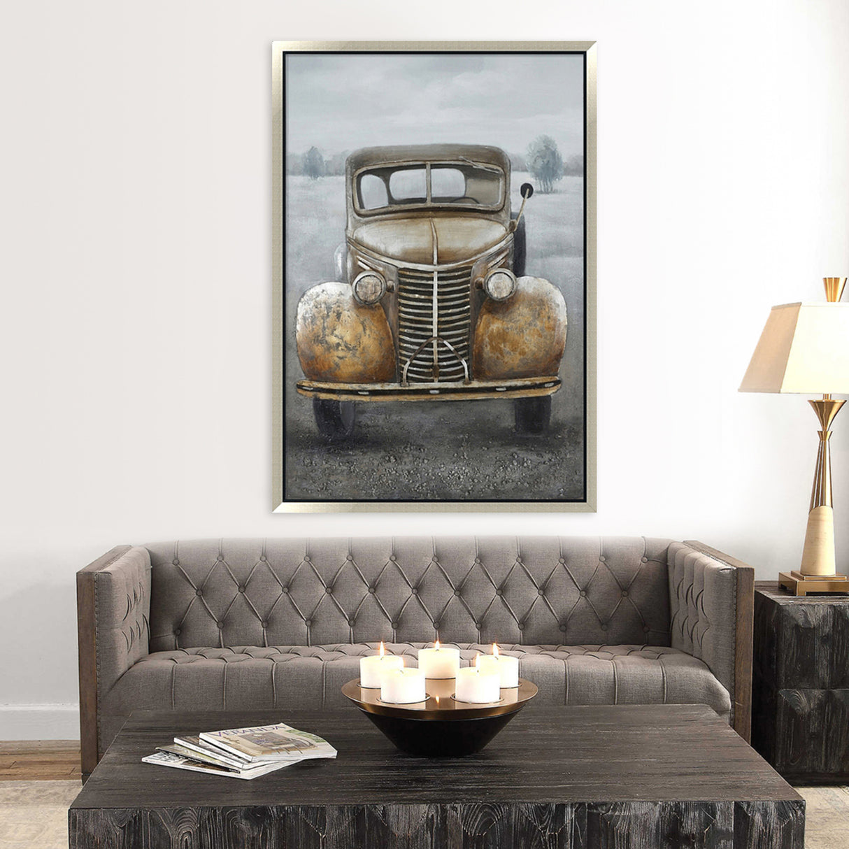 Hand Painted Acrylic and Aluminum 3D Wall Art Vintage Truck 39 x 59 Rectangular Canvas with a Grey Wooden Frame