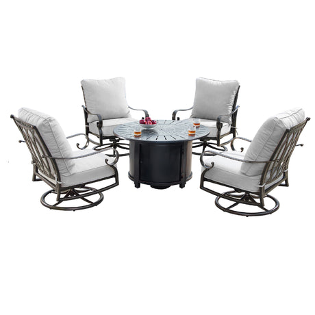 Aluminum 44-in Round Patio Fire Table Set with Swivel Rocking Chairs - Sharicks