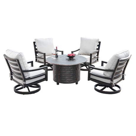 Aluminum 44-in Round Patio Fire Table Set with Swivel Rocking Chairs - Sharicks