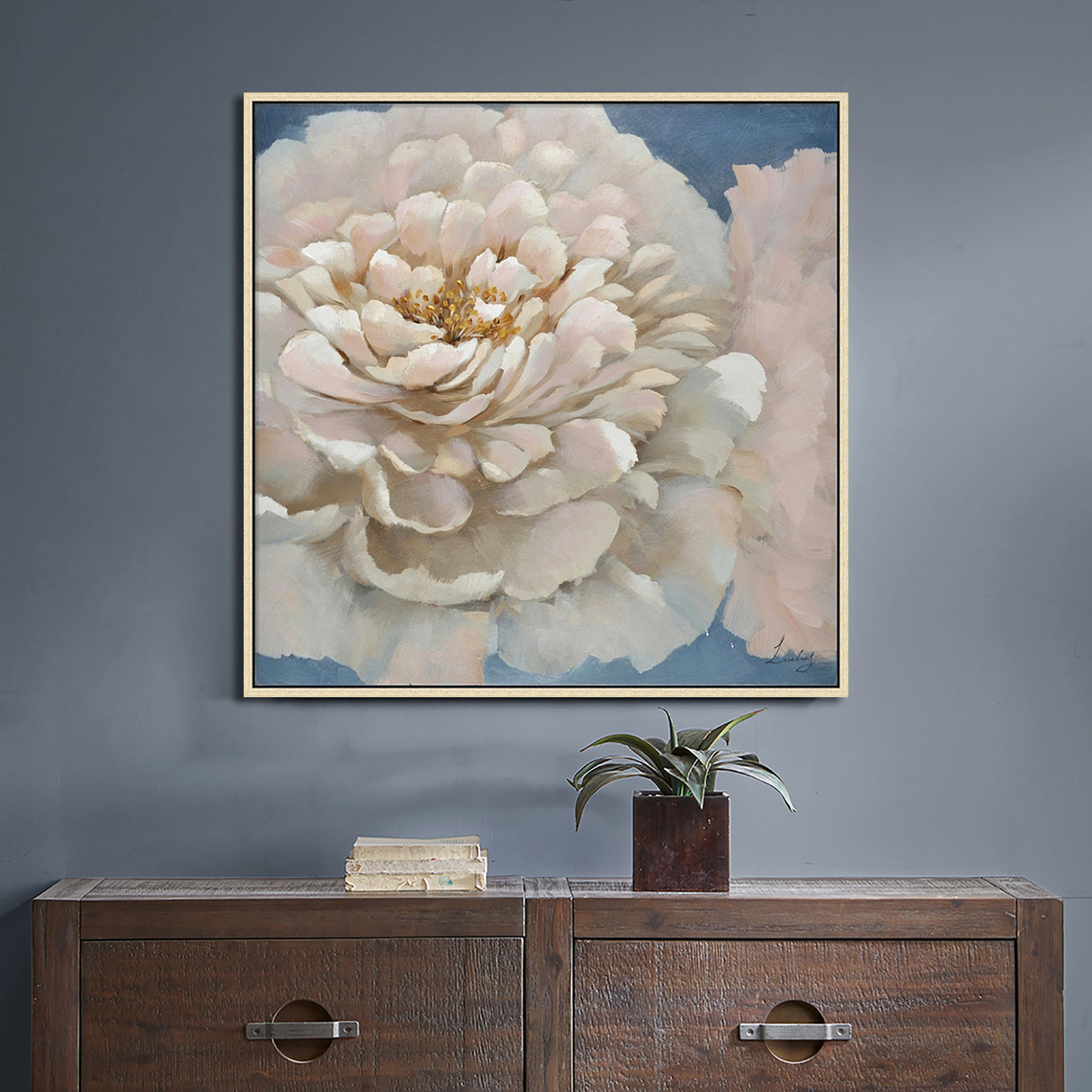 Hand Painted Acrylic Wall Art Pink Flower on a 39 x 39 Square Canvas with a Brown Wooden Frame