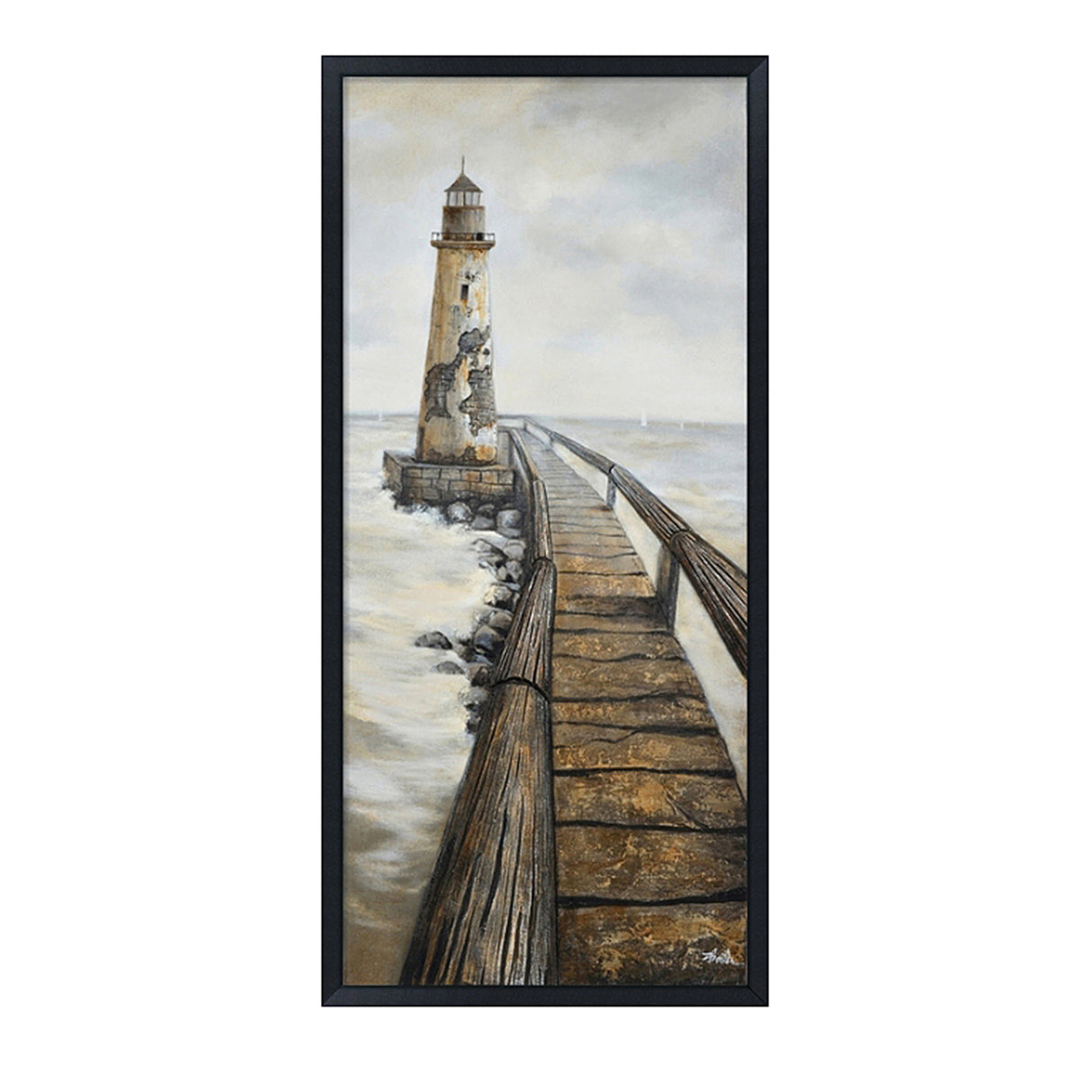 Hand Painted Acrylic Wall Art Vintage Light House 32 x 71 Rectangular Canvas with a Black Wooden Frame