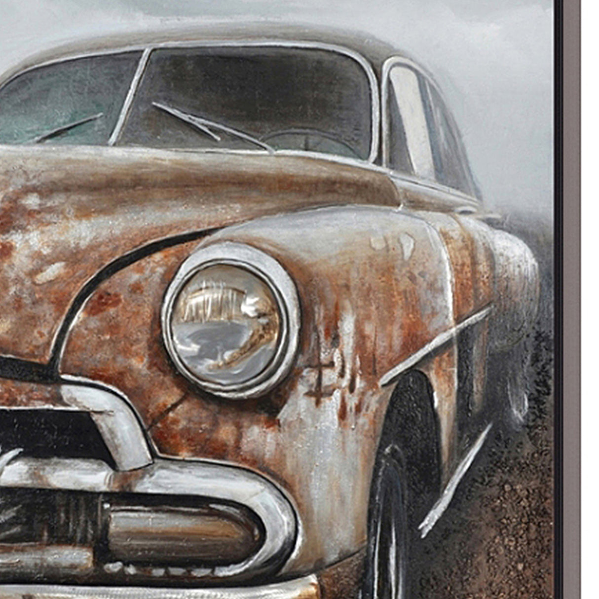 Hand Painted Acrylic and Aluminum 3D Wall Art Vintage Car 47 x 59 Rectangular Canvas with a Dark Brown Wooden Frame