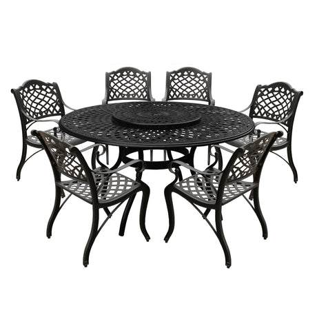 Aluminum 7pc Black Round Patio Dining Set, Lazy Susan, Six Chairs - Sharicks