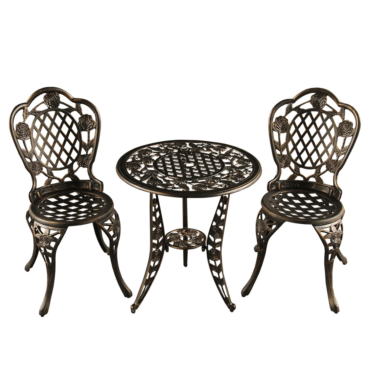 Bronze Rose Ornate Outdoor Patio Garden Aluminum 3 Piece Bistro Set