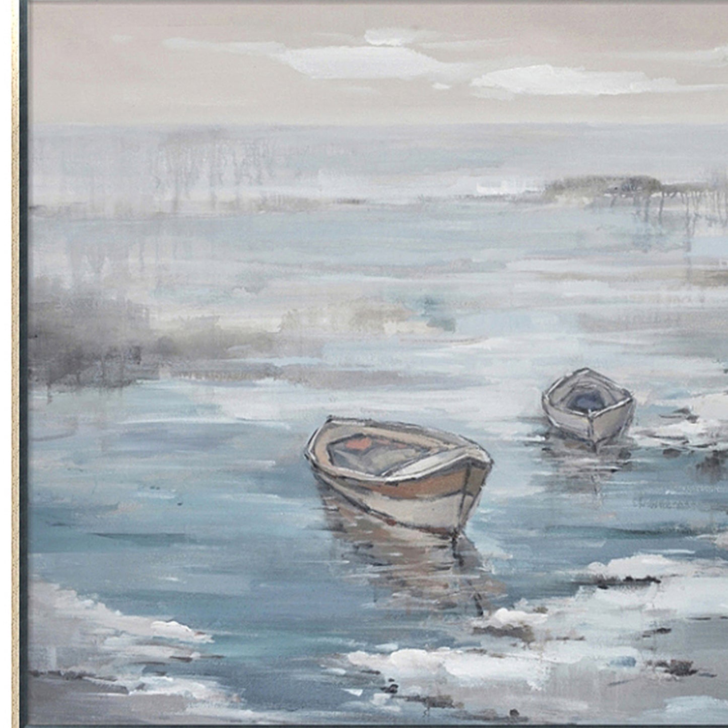 Hand Painted Acrylic Wall Art Ocean with Boats on a 47 x 35 Rectangular Canvas with a Silver Wooden Frame