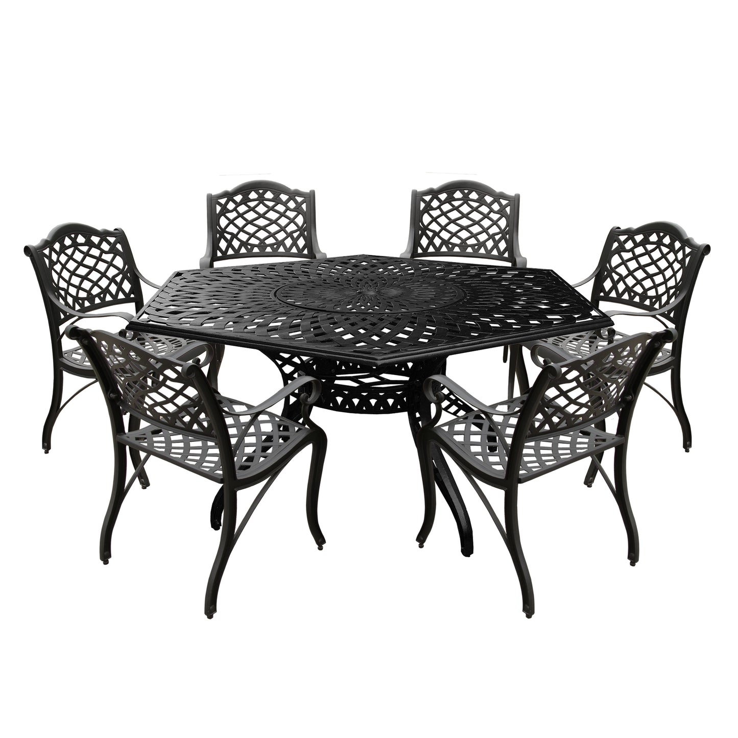 Aluminum 7pc Black Hexagon Patio Dining Set, Lazy Susan, Six Chairs