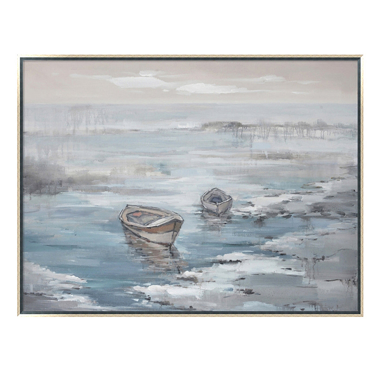 Hand Painted Acrylic Wall Art Ocean with Boats on a 47 x 35 Rectangular Canvas with a Silver Wooden Frame