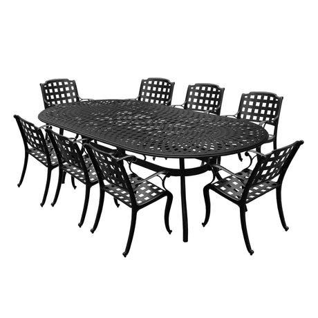 Outdoor Aluminum 9pc Large Black Oval Patio Dining Set Eight Chairs - Sharicks