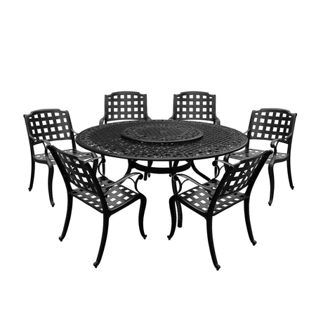 Aluminum 7pc Black Round Patio Dining Set, Lazy Susan, Six Chairs - Sharicks